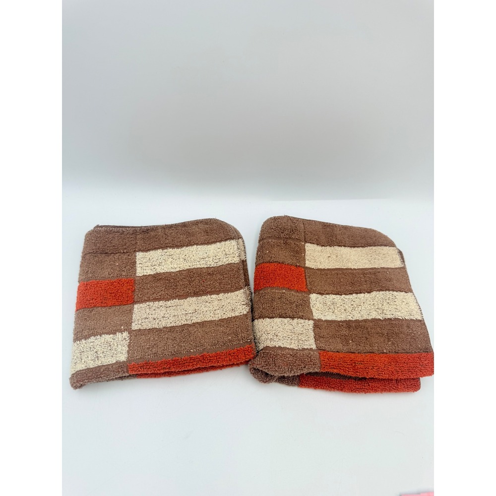 Vintage Sears Roebuck Co Washcloth Set 2 Brown Orange Geometric 70s MCM USA